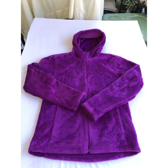 MARMOT Polartec Women Fluffy Fleece Jumper Large Full Zip Neon Purple Hooded - Picture 4 of 10